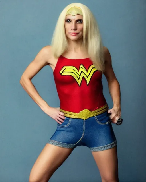 Prompt: a Chimpanzee, dressed as Wonder Woman, is wearing tight fit Blue Jean pants and wearing a blonde wig, photographed in the style of Annie Leibovitz, photorealistic