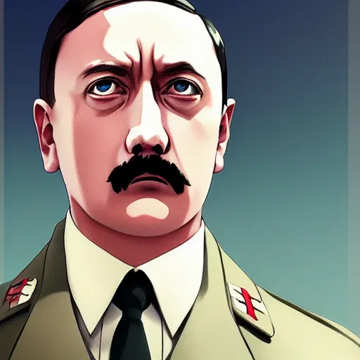 Prompt: a film still portrait of hitler, medium shot, finely detailed features, cinematic lighting, anime key visual, trending on pixiv fanbox, painted by makoto shinkai, studio ghibli, greg rutkowski, wlop