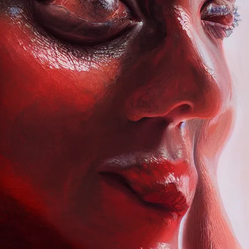 Prompt: a portrait of an intensely lit spiraling stretched face, red, oil painting, pale colors, high detail, 8 k, wide angle, trending on artstation,