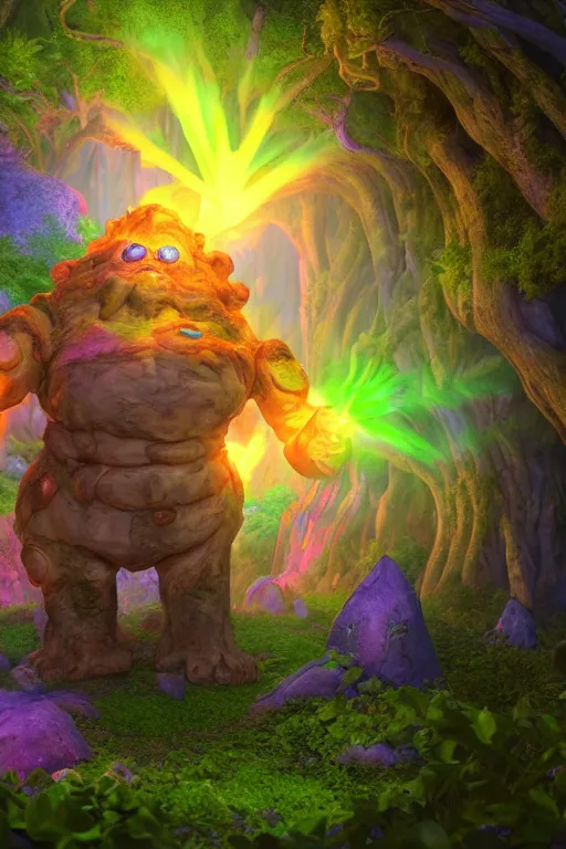 Image similar to arcane fantasy art giant golem elemental wood rock bastion forged gemstone enchanted forest troll, global illumination ray tracing hdr fanart arstation by sung choi and eric pfeiffer and gabriel garza and casper konefal lisa frank zbrush central hardmesh radiating a glowing aura