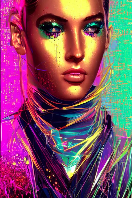 Prompt: portrait, headshot, digital painting, an beautiful, crazy hacker girl, wink, synthwave, glitter, glitch!!, glassy fracture, realistic, hyperdetailed, dripping, golden hour, concept art, art by syd mead