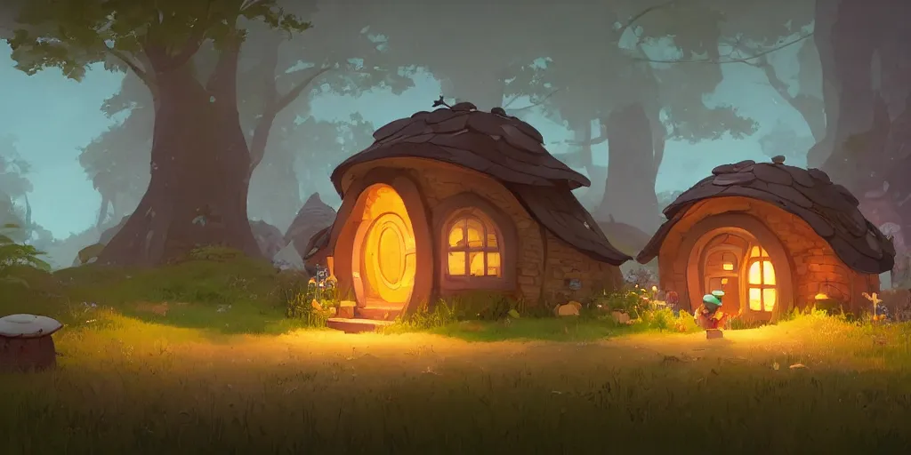 Image similar to small hobbit mushroom houses, red ruff, by cory loftis & akihiko yoshida & james gilleard & atey ghailan & makoto shinkai & goro fujita & studio ghibli, rim light, exquisite lighting, clear focus, magic atmosphere, lights, night, very coherent, plain background, soft painting, photorealistic, unreal engine 5, 4 k