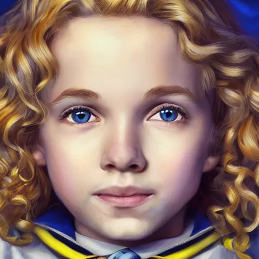 Image similar to close - up portrait a curly blonde hair hufflepuff!! boy age 1 1 years old with grey - blue eyes, cute, smiling!! fantasy, portrait, highly detailed, digital painting, artstation, concept art, sharp focus, illustration, studio photo, studio lighting, art by artgerm and greg rutkowski and magali villeneuve