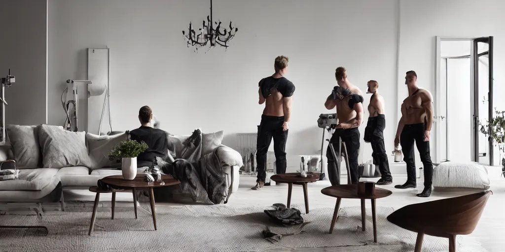 Image similar to a nordic interior design at the camera 8 k, muscular men admiring the furniture