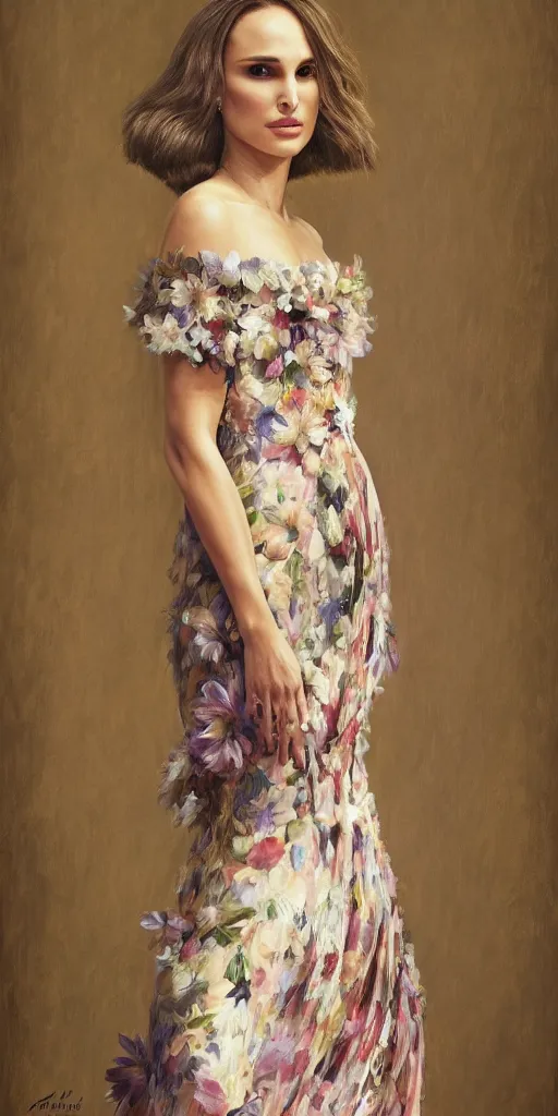 Prompt: Natalie Portman, wearing a long floral dress, very detailed portrait, ultrarealistic, dramatic lighting, electrical details, high details, 4k, 8k, best, accurate, trending on artstation, fur, artstation, photorealism, ultrarealistic, digital painting, style of Dali, Caravaggio, Boris Vallejo