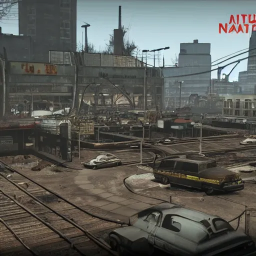 Image similar to Rotterdam Centraal Station in ruins post-nuclear war in Fallout 4, in game screenshot