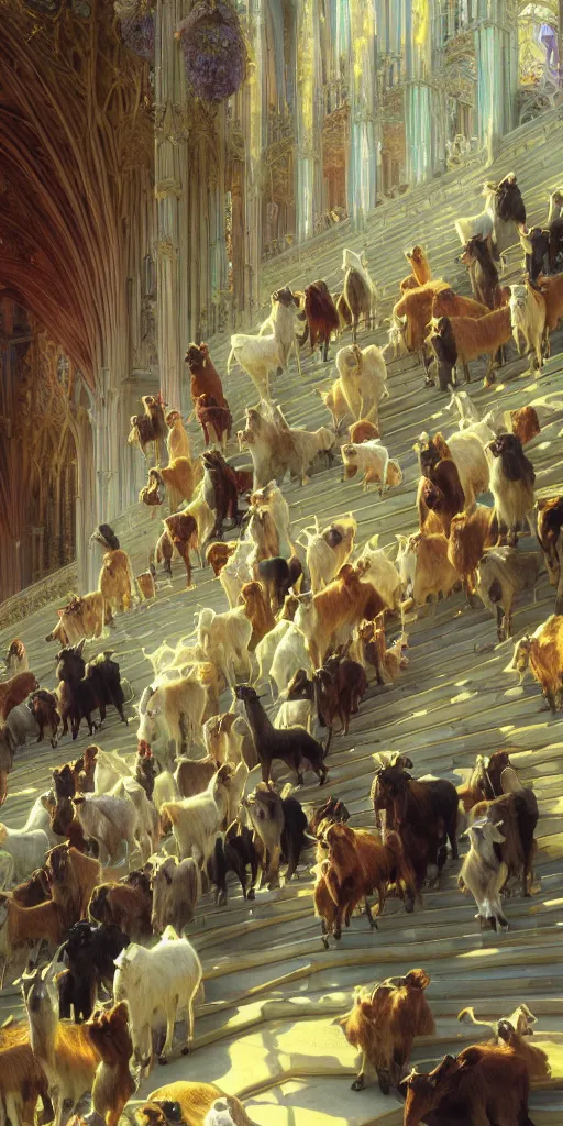 Prompt: a herd of goats! on stairs in a beautiful fantasy cathedral, epic, grandiose, many goats, magic, tall towers, gorgeous clouds, colorful, sunrays, digital painting, landscape, octane render, unreal engine, high detail, very realistic, by alphonse mucha