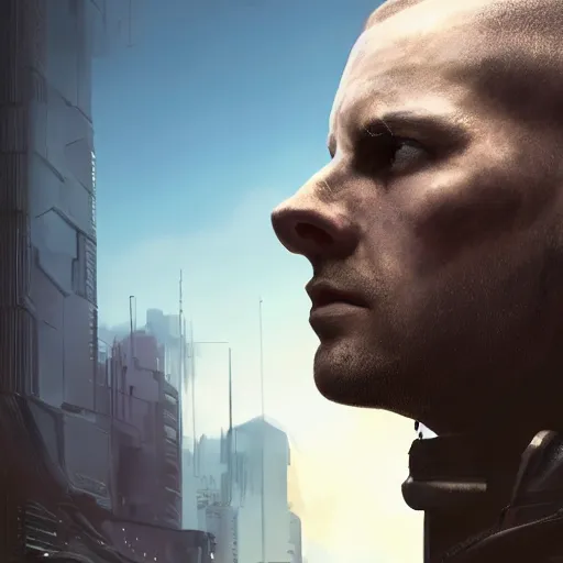 Image similar to cyberpunk, armitage, closeup portrait of a stoic ex soldier with a battlescar and light blue eyes, brown buzzcut, cyborg, dramatic light, city background, sunset, dystopian setting, high contrast, sharp, neuromancer, painted by stanley lau, painted by greg rutkowski, painted by stanley artgerm, digital art, trending on artstation