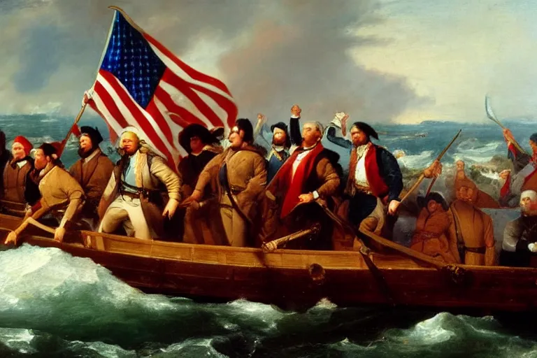 Image similar to Donald Trump crossing the delaware there is an arbys sign in the background by Emanuel Leutze