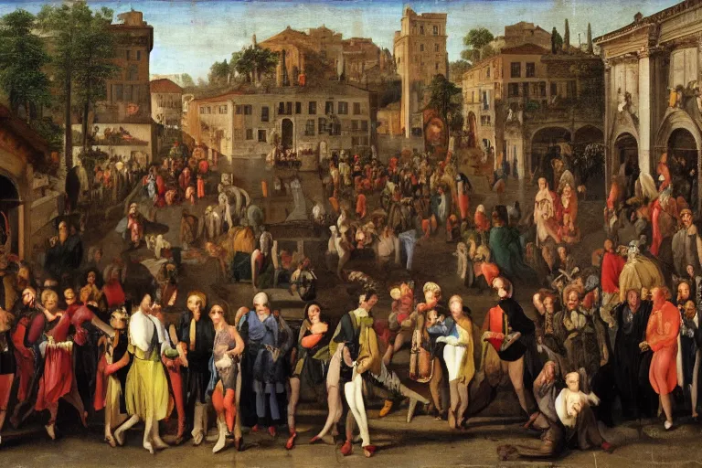 Prompt: people visiting art market in the future, botticeli style, renaissance