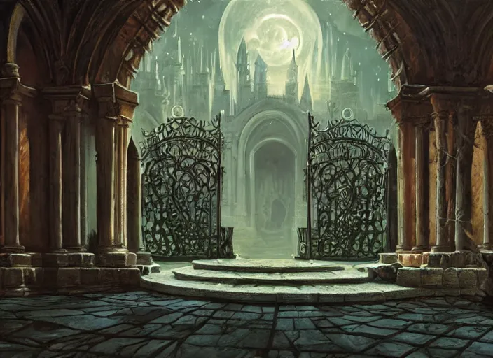 Image similar to a huge courtyard with gates and a beautiful witch queen, detailed 4 k painting, dramatic light, style of gerald brom
