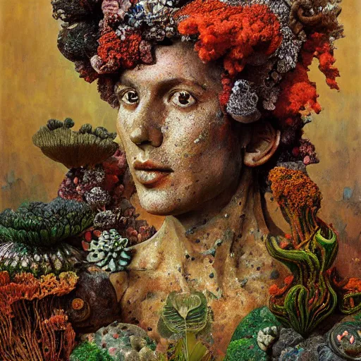 Image similar to a sculpture portrait made of smoke mushrooms and coral reefs and crystals and plants, painting part by wojciech siudmak, part by ilya repin, part by max ernst, part by norman rockwell, artstation