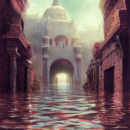 Image similar to Ancient city being destroyed by a flood,detailed face,detailed eyes,pink lips,upturned nose, digital art , highly detailed , high contrast, beautiful lighting, award winning , trending on art station, photorealistic, 8k