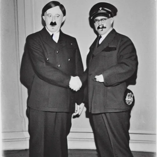 Prompt: vintage photograph of sam hyde and adolf hitler shaking hands, very detailed,