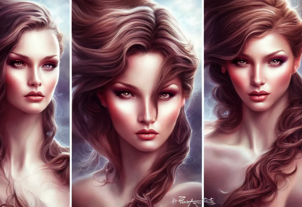 Image similar to picture split from the middle with an border, evil angels with different backrounds, intricate, elegant, highly detailed, realistic hair, centered, digital painting, art station, conceptual art, soft, sharp focus, illustration, artwork, artgerm, wlop, boris vallejo