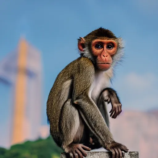 Image similar to high quality portrait of a monkey in front of Christ The Redeemer, studio photograph, photograph, realistic photo, 8k photo, 4k photo, stock photo, high resolution, cinematic shot, high detail