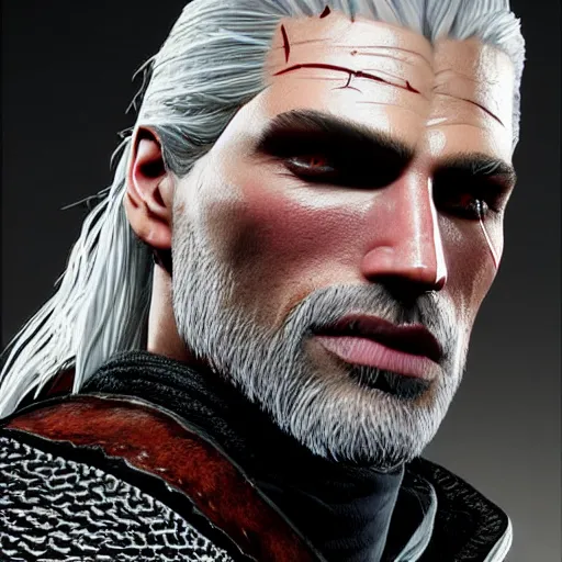 Image similar to geralt of rivia witcher, highly detailed, photorealistic portrait, bright studio setting, studio lighting, crisp quality and light reflections, unreal engine 5 quality render