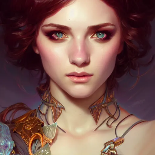 Image similar to courtney miller from smosh, closeup, d & d style, fantasy, intricate, elegant, highly detailed, digital painting, artstation, concept art, matte, sharp focus, illustration, art by artgerm and greg rutkowski and alphonse mucha