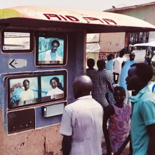 Image similar to old polaroids of futuristic african bus stops with informal sellers and digital screens, big crowd, robotic police guards watch over the crowd