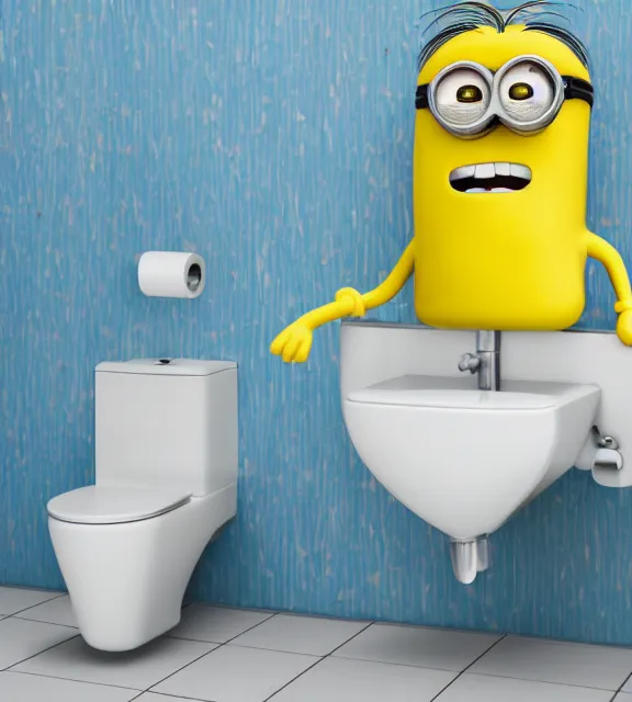 Prompt: a 4 k photorealistic photo of a minion, yellow and blue themed toilet.
