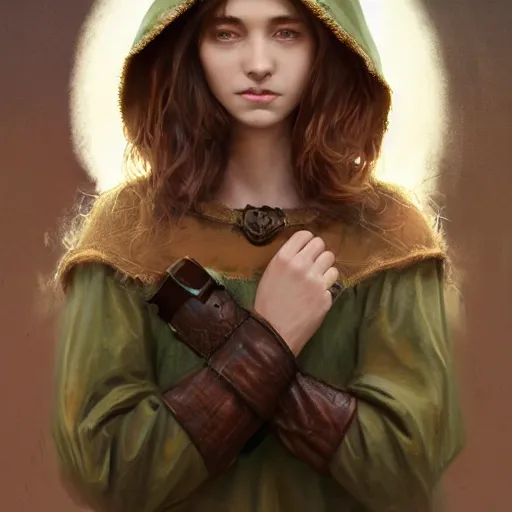 Image similar to a beautiful woman, beauty, high cheek bones, half onesided smile, mischievous, bard, brown hair, messy hairstyle, short hair, cream colored peasant shirt, brown pants, leather boots, dark green cloak, round hood, elf ears, youthful, white background, proportionate, by Greg Rutkowski and Tony Sart, trending on artstation, realistic, highly detailed, masterpiece