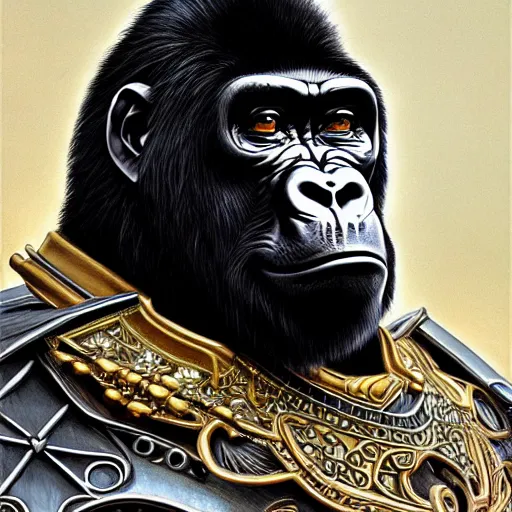 Image similar to Portrait of a gorilla wearing ornate chrome knight’s armor, D&D, fantasy, intricate, elegant, highly detailed, digital painting, artstation, concept art, matte, sharp focus, illustration, art by Artgerm and Greg Rutkowski and Alphonse Mucha, portrait