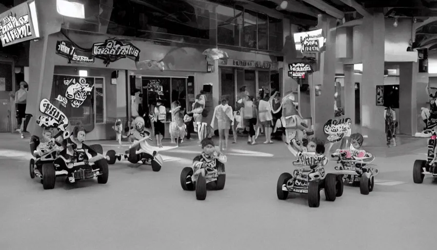 Prompt: 1990s photo of inside the Boring News Grown up errands ride at Universal Studios in Orlando, Florida, children riding on tiny ice cream truck go-carts through a fake corporate office , slime monster, flying soccer balls, business men, cinematic, UHD