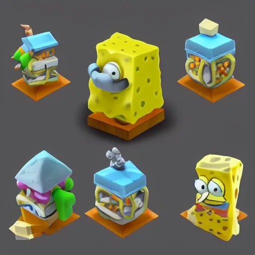 Image similar to Matte 3d low poly icon of Spongebob pogging, lat lighting, isometric 3d render,