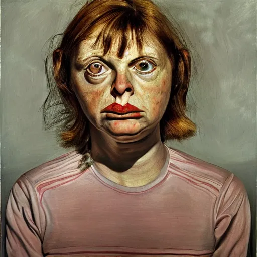 Image similar to high quality high detail painting by lucian freud, hd, scared woman, big eyes, vivid colors, photorealistic lighting