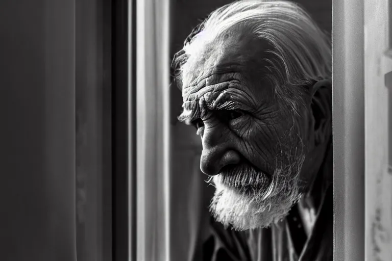 Image similar to an ultra realistic, cinematic, close up portrait, of an old man, looking in the window, sad, dramatic, soft light, dreamy, facial features, stood in a cell, with prison clothing, detailed, deep focus, movie still, dramatic lighting, ray tracing, by michal karcz and yoshitaka