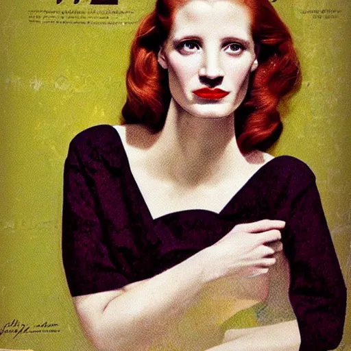 Image similar to “Jessica Chastain portrait, color vintage magazine illustration 1950”