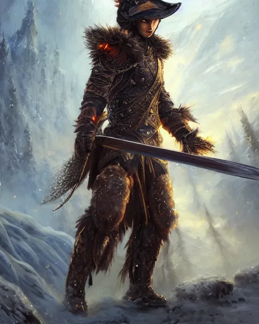 Image similar to oil painting of Anthropomorphized magical Wolf Hunter wearing intricate fur armor, sharp focus, holding magical fiery Sword, Hat, magical aura, heroic pose, fantasy style, octane render, volumetric lighting, 8k high definition, by greg rutkowski, highly detailed, trending on art Station, magic the gathering artwork, magical Battlefield backround, centered