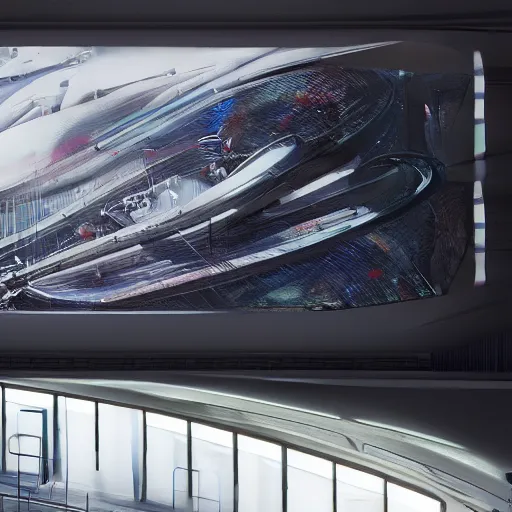 Image similar to sci-fi organic brutalism speed dynamic o x u wall panel on the coronation of napoleon painting and digital billboard in the middle, unreal engine 5, keyshot, octane, artstation trending, ultra high detail, ultra realistic, cinematic, 8k, 16k, in style of zaha hadid, in style of nanospace artstation, in plastic,dark, tilt shift,