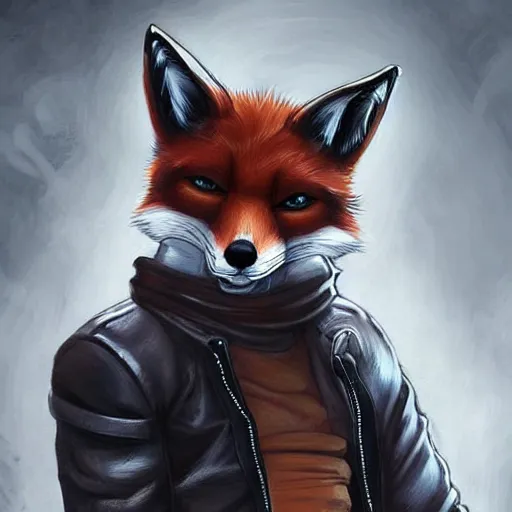 Image similar to A fox with a small head wearing a leather jacket and leather jeans and leather gloves, trending on FurAffinity, energetic, dynamic, digital art, highly detailed, FurAffinity, digital fantasy art, FurAffinity, favorite, character art