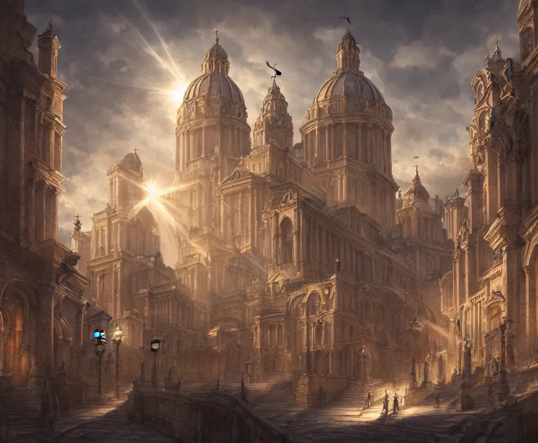 Image similar to highly detailed concept art of authoritarian pearly white medieval city, roman architecture with religious iconography, sunbeams, digital painting, fantasy, d & d, beautiful, illustration