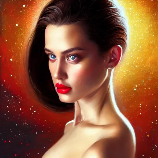 Image similar to a portrait of a very beautiful woman in a spacesuit with a dueling scar, brown eyes, shoulder-length brown hair, deep red lips, glitter, bored, illustration, soft lighting, soft details, painting oil on canvas by mark arian by artgerm, trending on artstation, 4k, 8k, HD