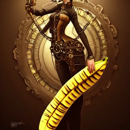 Image similar to STEAMPUNK BANANA! Epic fantasy art, award winning on Artstation, intricate, elegant, highly detailed, digital painting, art by artgerm and greg rutkowski and alphonse mucha, banana, banana, banana, only a steampunk banana please.