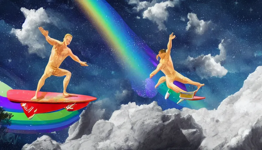 Prompt: a white man surfing on a big anvil in space, leaving a rainbow behind him, around thousand of stars, photorealistic, highly detailed, digital illustration