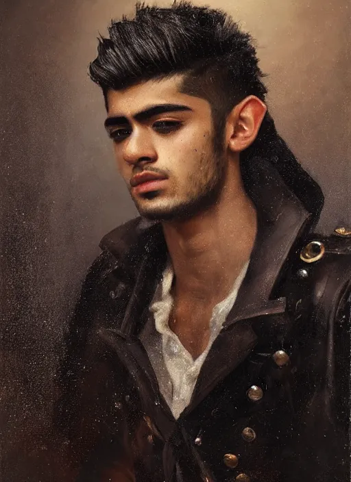 Image similar to head and shoulders portrait painting of young man who looks like zayn malik as an elf by jeremy mann, wearing leather napoleonic military style jacket, only one head single portrait, pointy ears, dark background, soft top lighting