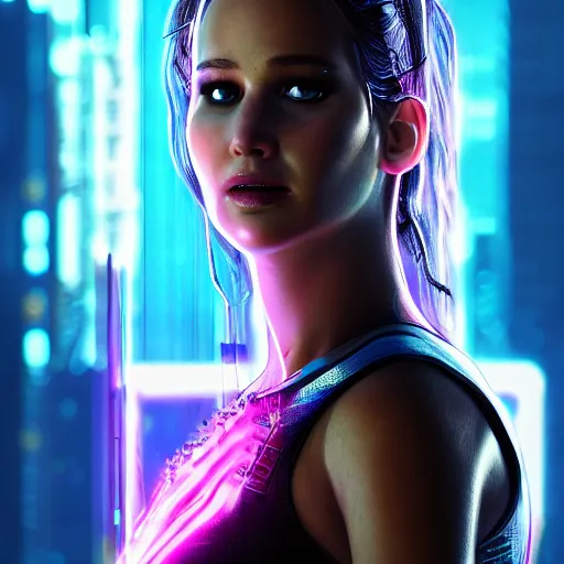 Image similar to jennifer lawrence portrait, cyberpunk 2 0 7 7, cyberpunk judy alvarez, photorealistic, ultra detailed, neon, octane, bokeh, cinematic lighting, cyber, cyberpunk city, studio quality, feature, scars, cyberface, 8 k