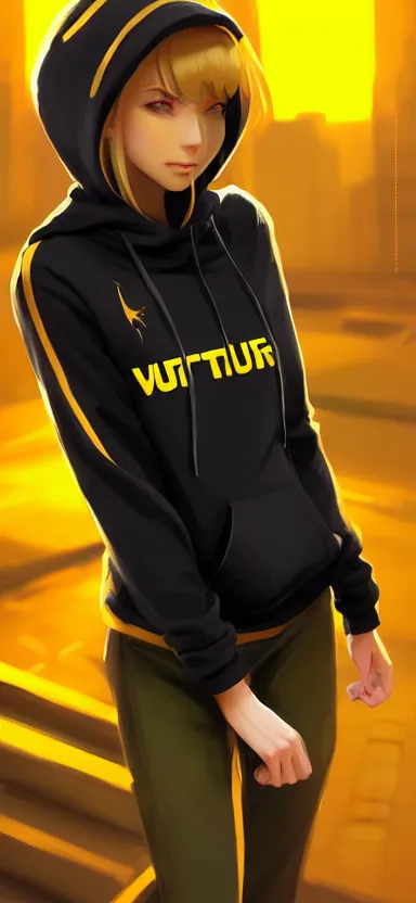 Image similar to a vtuber model concept art of a beautiful girl in a black and yellow hoodie, front view typing in an iphone, artstation, digital art, commission art, style by jordan grimmer and greg rutkowski, 4 k resolution