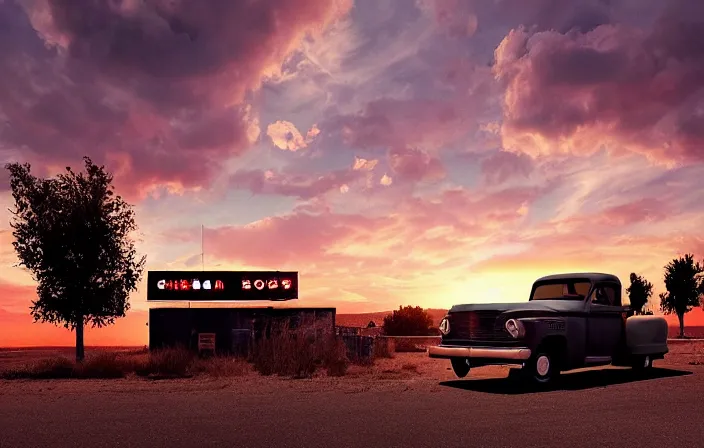 Image similar to A sunset light landscape with historical route66, abandoned gas station, old rusty pickup-truck, lots of sparkling details and sun ray’s, blinding backlight, smoke, volumetric lighting, octane, 35 mm, beautiful reflections, heavenly, softlight