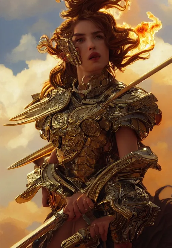 Prompt: A beautiful fierce angel wearing metallic battle armor and a flaming sword, among heavenly sunlit clouds, close-up shot, intricate, elegant, digital painting, golden hour, cinematic, trending on artstation, concept art, smooth, sharp focus, illustration, art by artgerm and Greg Rutkowski and Alphonse Mucha