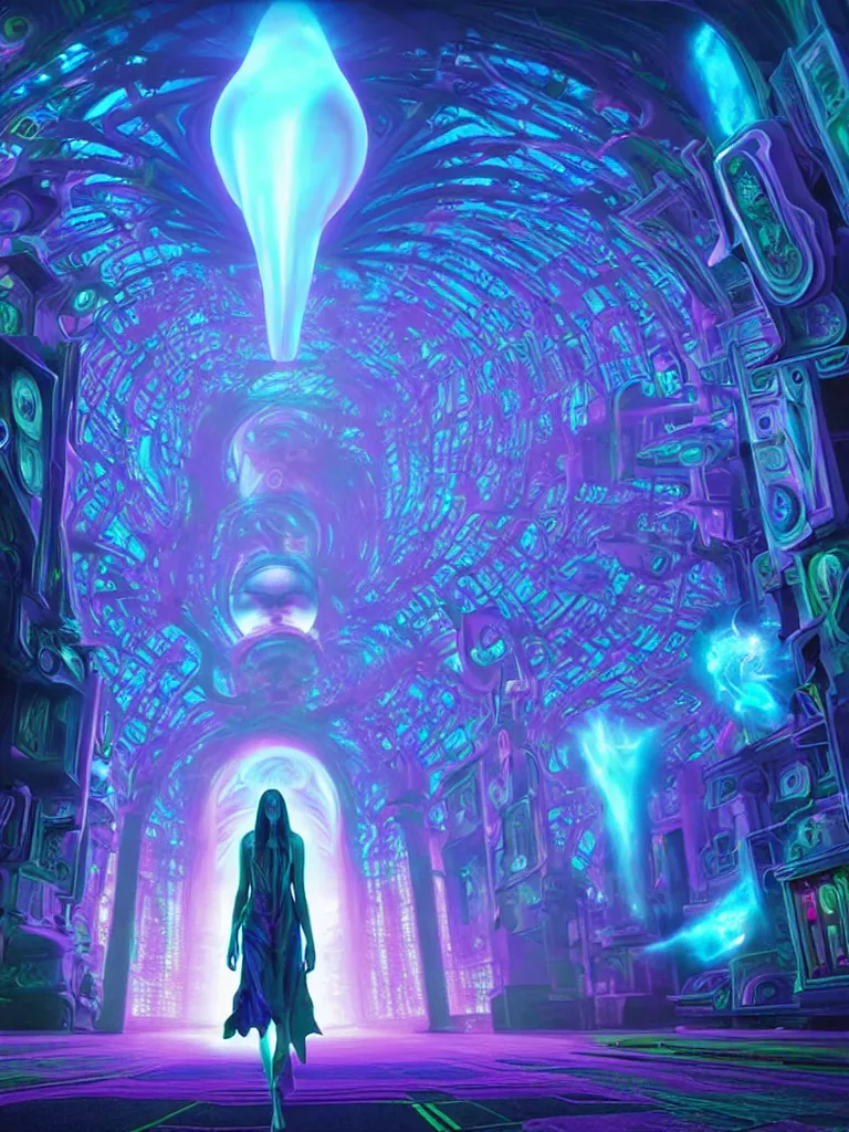 Image similar to entrance to matrix ethereal realm, shiva sentient, rendered in unreal engine, central composition, symmetrical composition, dreamy colorful cyberpunk colors, 6 point perspective, fantasy landscape with anthropomorphic terrain in the styles of igor morski, jim warren and rob gonsalves, intricate, hyperrealistic, volumetric lighting, neon ambiance, distinct horizon