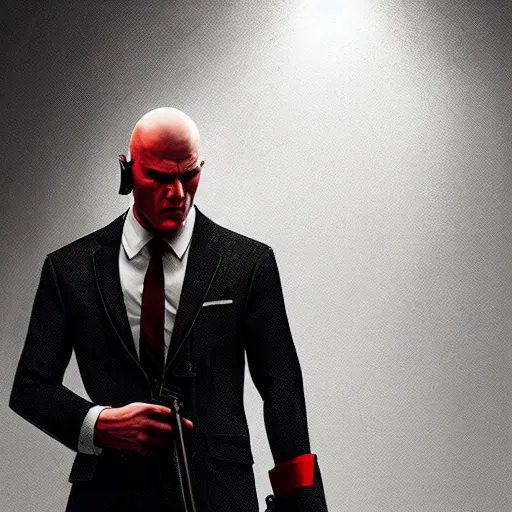 Image similar to a portrait of agent 4 7 from hitman wearing headphones, dark background, red rim light, highly detailed, digital art, artstation, concept art, smooth, sharp focus, greg rutkowski, wlop