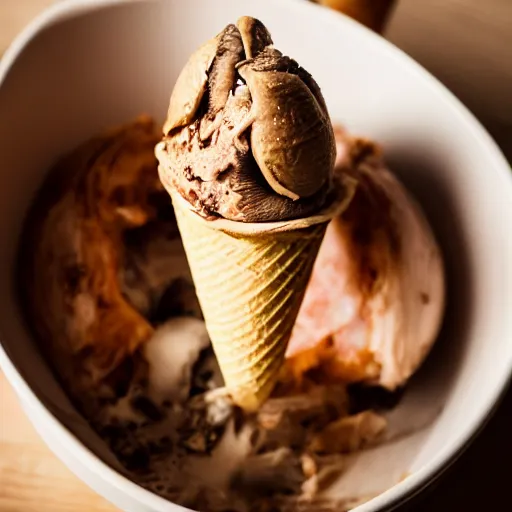 Prompt: a photograph of an ice cream cone growing out of a roast turkey like a mushroom. Shallow depth-of-field