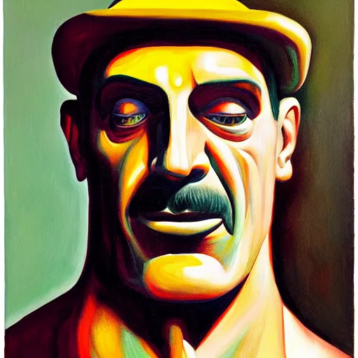 Prompt: robotic frank zappa portrait, grant wood, pj crook, edward hopper, oil on canvas