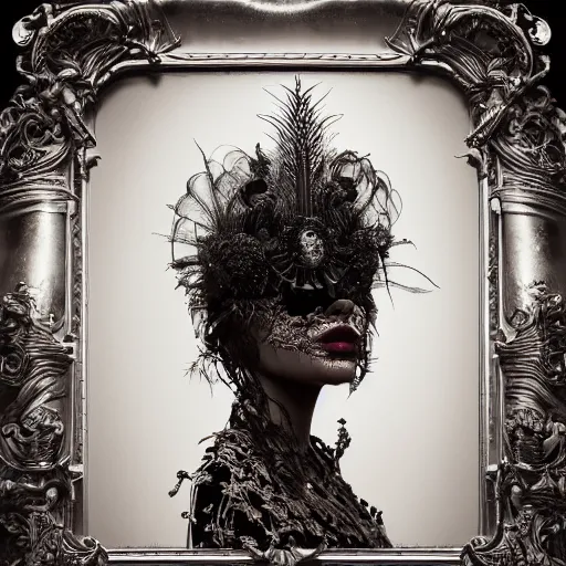 Prompt: a portrait of female model by stefan geselle and nekro borja, photorealistic, intricate details, hyper realistic, ornate headpiece, dark beauty, photorealistic, canon r 3, photography, wide shot, photography, dark beauty, symmetrical features