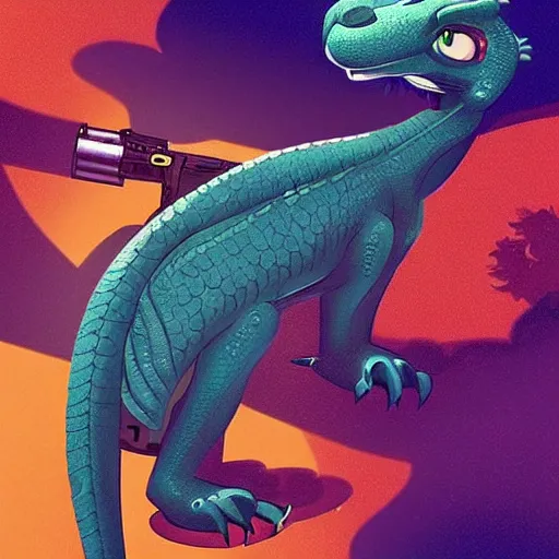 Image similar to “ komodo dragon in the style of zootopia holding laser gun, floating alone, with a black background, digital art, award winning, trending on art station, retro style ”