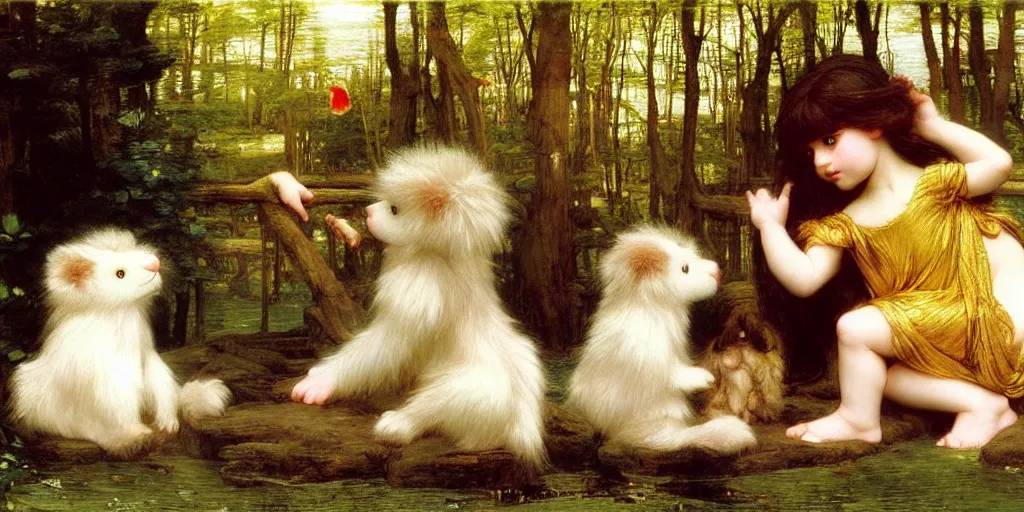Prompt: 3 d precious moments plush animal, realistic fur, undine, gold, morning, master painter and art style of john william waterhouse and caspar david friedrich and philipp otto runge